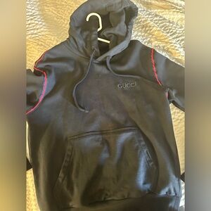 GUCCI Black Crewneck Hoodie with Red & Blue Shoulder Trim Authentic.